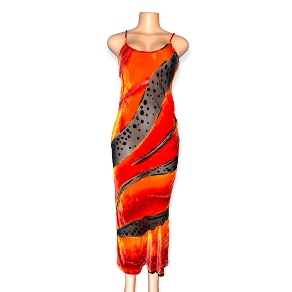 Lindsey Thornburg Dresses & Skirts - RARE Lindsey Thornburg Orange Burn Out Dress w/ See Through Black Mesh size 4